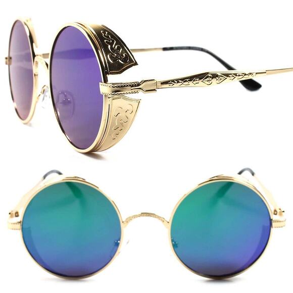 Round Side Shield Retro Gothic Steampunk Style Gold Mirrored Lens Sunglasses - Picture 1 of 4